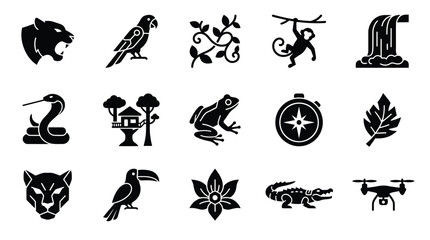 Fototapeta premium Collection of jungle and nature-themed icons including animals, plants, and environmental elements.