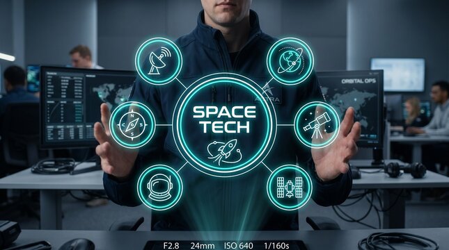 Futuristic space technology interface with holographic icons and digital data visualization in a hightech mission control center