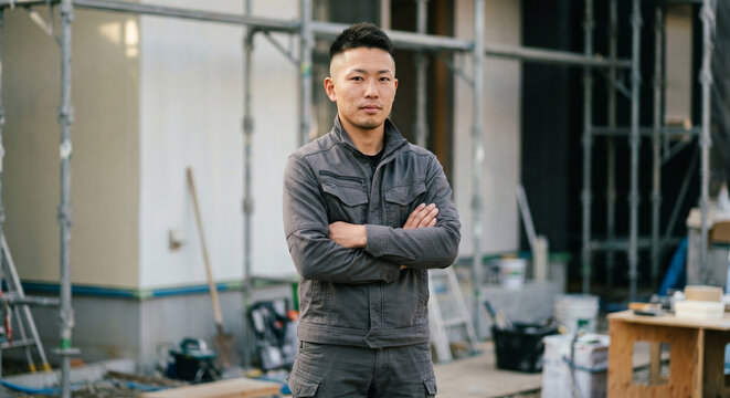 建築現場の足場を背景に腕を組んで立つ塗装工・塗装職人の若い男性