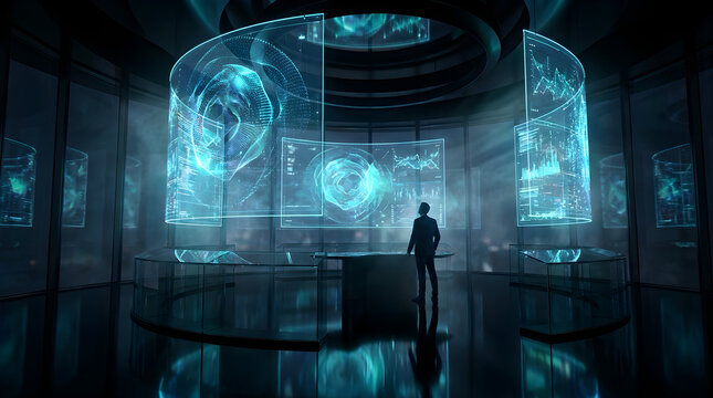 Futuristic control room with holographic displays and a lone figure science fiction data visualization futuristic interio