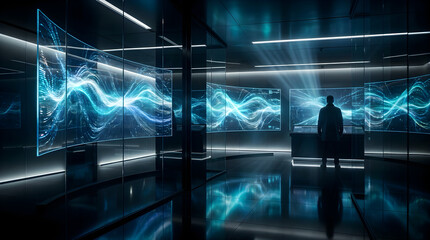 Obraz premium Man standing in futuristic room with large screens displaying glowing blue data visualizations artificial intelligence big data