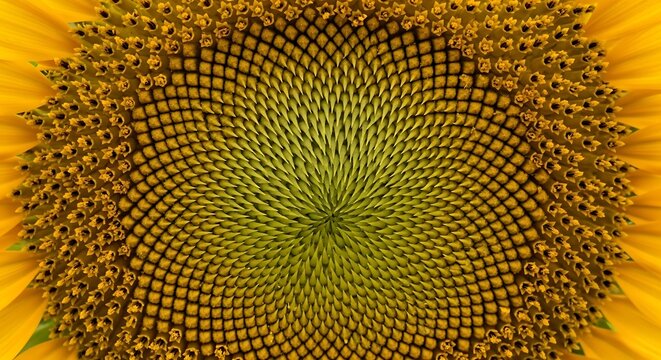 Macro detail of a sunflower head showing Fibonacci spiral seed pattern