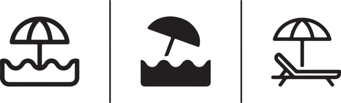 Set of beach umbrella and chair icons isolated on white background, sunbed and umbrella, sea, icon for vacationers, vector