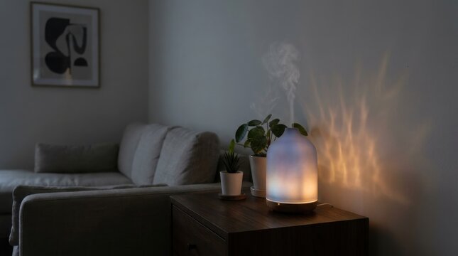 Aromatherapy diffuser emitting soft mist and gentle pulsing light in a cozy home setting with plants