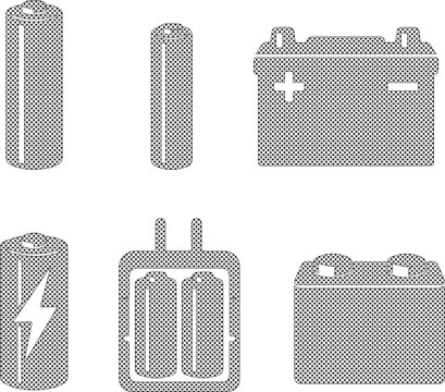 Battery icon set, six distinct battery types, power source symbols, energy storage vector graphics for technology and electrical design