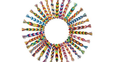 Colorful handmade friendship bracelets woven with intricate patterns are arranged in a perfect circle against a clean white background shot, overhead, woven, summer