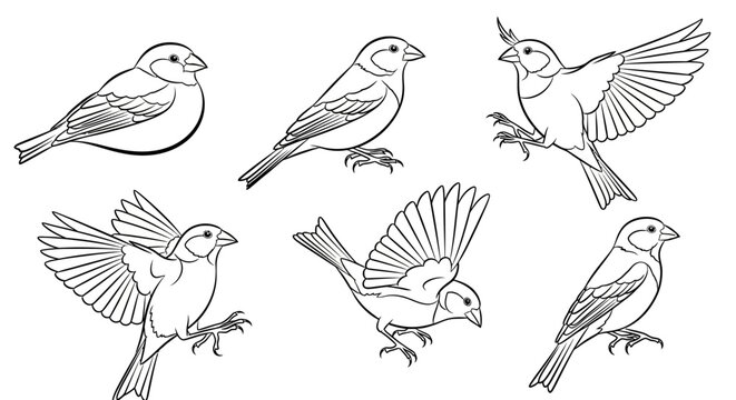 Set of Hand-Drawn Sparrows in Various Poses, Artistic Bird Sketches