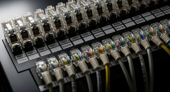 Organized network patch panel filled with numerous RJ45 connectors and Ethernet cables