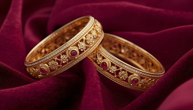 Luxury Plain Gold Bridal Bangles Pair with Intricate Elephant Motif and Floral Engraved Border Pattern on Dark Red Silk Background