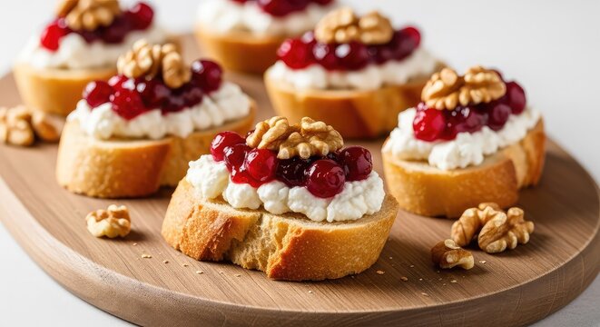 Festive holiday crostini topped with creamy soft cheese, tart cranberry jam, and crunchy walnuts on a rustic wooden board for appetizers, jam, catering, cranberry