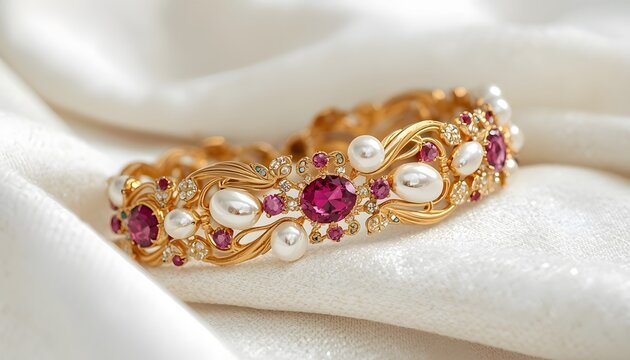 Luxury Gold Bridal Bangle with Ruby Red Stone Pearl and Diamond Studded Open Floral Vine Filigree Pattern on White Silk Background