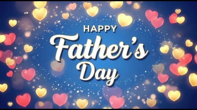 Happy fathers day greeting card design with floating hearts and sparkling lights on a blue background