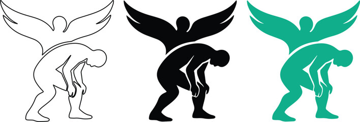 Fototapeta premium Supportive Angel Lifting Distressed Person, a Symbol of Help and Empathy. Black, White, and Teal Vector Graphic for Mental Health, Charity, and Spiritual Concepts.