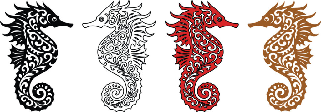 Ornate seahorse vector set, four decorative marine animal illustrations, intricate ocean life art, elegant aquatic creature designs for branding and decor