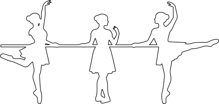 Elegant ballet dancer silhouettes, three graceful ballerinas at the barre, black and white outline vector illustration for dance studios and performance art.