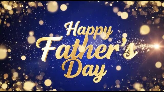 Happy fathers day golden 3d typography on a blue background with glowing bokeh lights