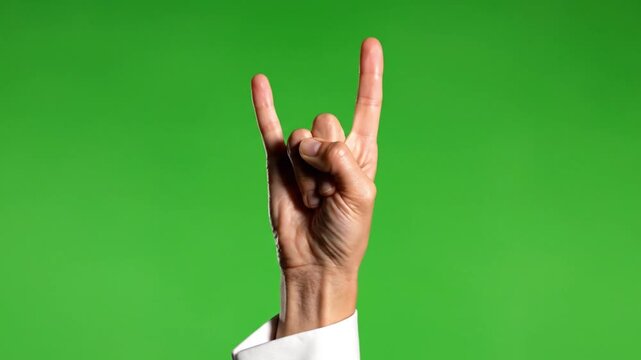 Hand showing rock gesture on green screen background, human fingers symbol isolated for chroma key cinematic stock video in 4k
