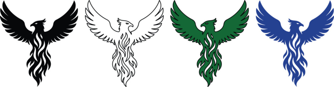 Majestic Phoenix Bird Vector Set, mythical fiery creature in black, outline, green, and blue, powerful fantasy animal for branding, logo, and design projects