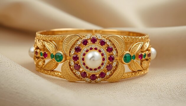 Luxury Gold Bridal Bangle with Pearl Center Ruby Red and Emerald Green Stone Floral Engraved Pattern on Silk