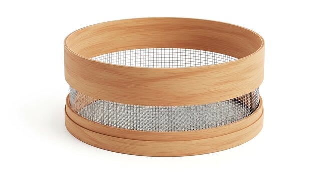 Wooden sieve with metal mesh for kitchen and bakery isolated on white