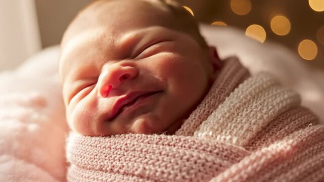 Close-up of a peaceful newborn baby sleeping soundly wrapped in a soft pink blanket
