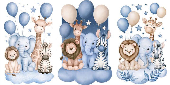 Baby animal nursery art cute illustration pastel blue beige color cartoon style cloud background balloon lion giraffe elephant zebra star night
