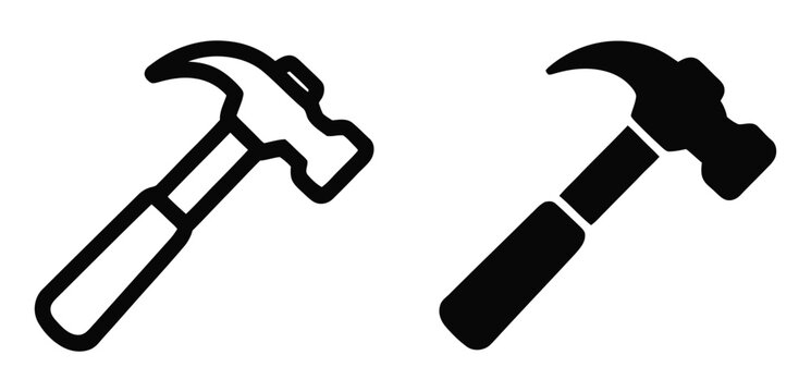 Outline and silhouette hammer icons with construction building industry