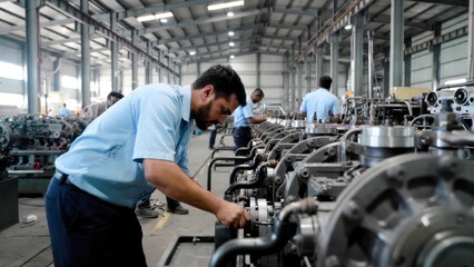Fototapeta premium Factory worker assembling engines on industrial production line