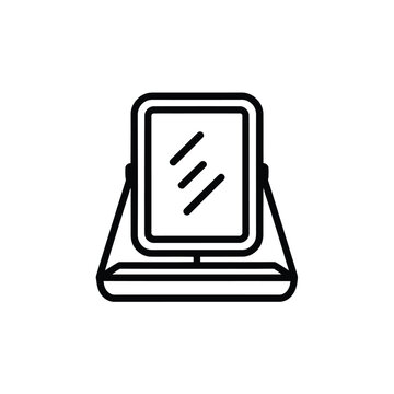 Minimalist desktop makeup vanity mirror line art icon with cosmetic