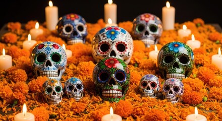 Fototapeta premium Vibrantly colored ornate skulls rest among bright orange marigold petals and glowing white candles on a decorated festive ceremonial altar, orange blossoms, blooming, yellow