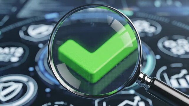 Digital interface with magnifying glass over green checkmark and data analysis icons