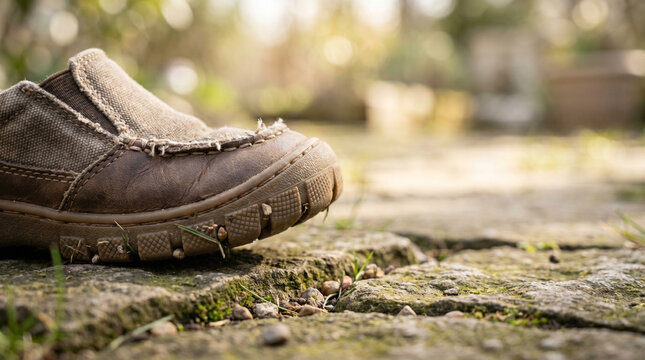 A childs worn shoe resting on a textured stone path, surrounded by soft sunlight and blurred garden background, evoking a nostalgic and rustic mood, child&rsquo;s