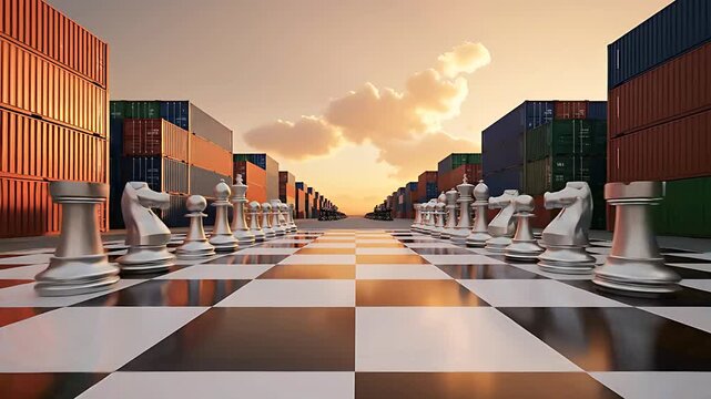 Red and silver chess pieces on a board in a cargo terminal. Shipping containers frame a sunset logistics scene. Strategy and global trade concept for supply chain business and competition.
