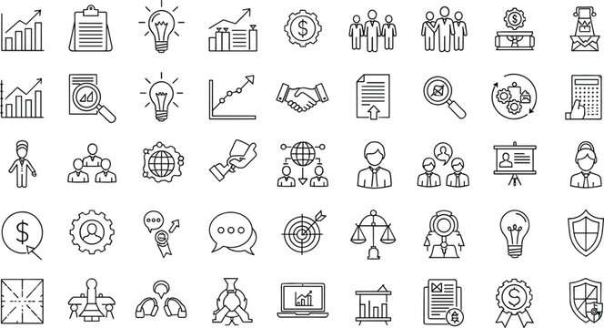 Outline business and management icons vector set with finance communication analytics and corporate symbols for web apps dashboards and presentations