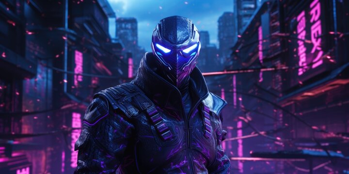 Futuristic warrior in neon-lit cyberpunk cityscape