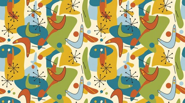 Retro 1950s atomic seamless pattern with abstract geometric elements and boomerangs, mid-century modern vector background for textile and wallpaper.