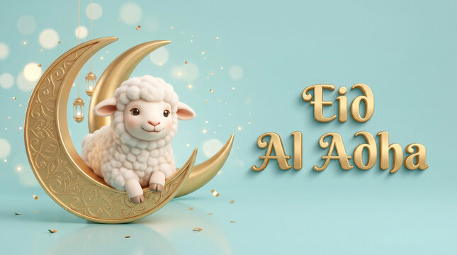 Cute lamb sitting on a golden crescent moon for eid al-adha celebration with 3D render blue background religious holiday blessed eid kurban bayram feast of sac