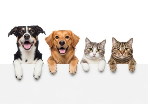 Group of Happy Dogs and Cats Peeking Over a Blank White Banner Isolate