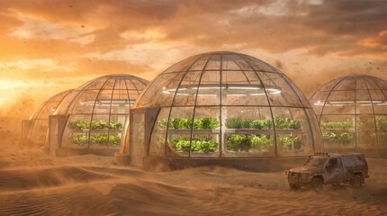 Naklejka premium Advanced Desert Greenhouse Domes for Hydroponic Farming