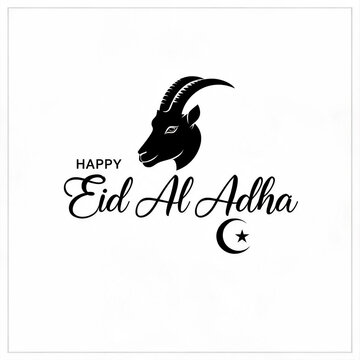 Happy eid al adha with black ibex silhouette and crescent moon al adha kurban bayrami white background festival celebration greeting silhouette religious