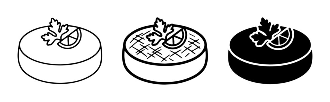 Food Icons Set: Delicious Dishes, Appetizers, and Desserts in Outline, Filled, and Silhouette Styles