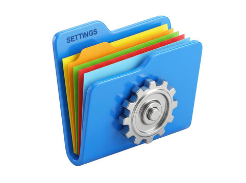 Blue file folder with colorful documents and a silver gear