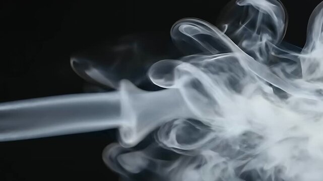 White smoke swirls and expands against a black background. Ethereal vapor forms intricate abstract patterns as it moves. Cinematic smoke effect ideal for mystical overlays and design backgrounds.