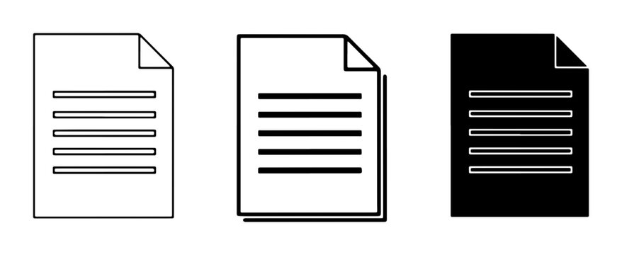 Document Icons Set: Blank Paper Sheets, Text Pages, Black and White Vector Graphics for Business and Information