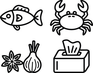 Fototapeta premium Black and white line art icons of fish crab onion flower and tissue box