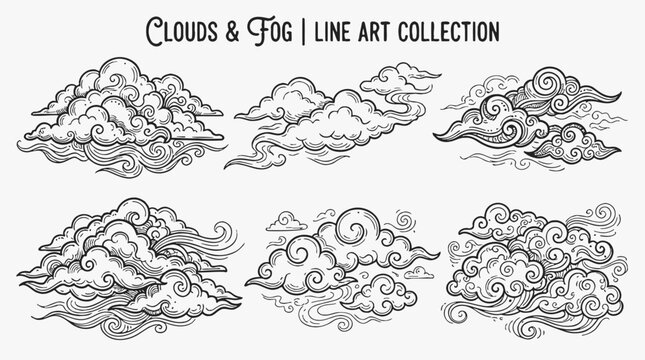 Vintage clouds and fog line art vector collection, hand drawn doodle sky and smoke outline icons in black and white, weather design elements for logos and tattoos