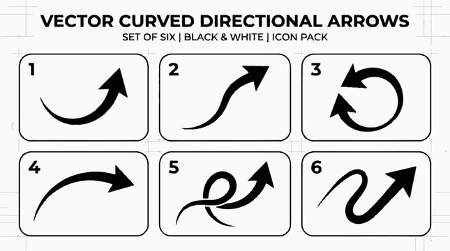 Vector curved directional arrows set of six, black and white icon pack with rounded frame boxes, swirl and turn arrow symbols for UI, web, infographic