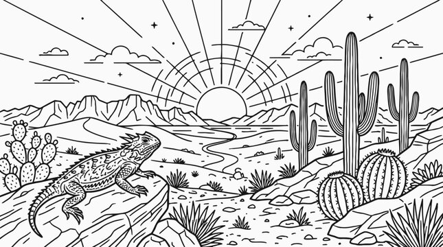 Vintage desert landscape vector line art, southwestern cactus and lizard outline illustration, sunburst horizon doodle drawing for posters, logos, prints
