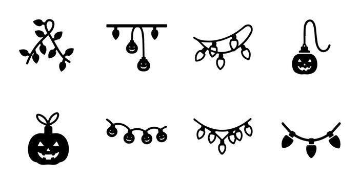 Halloween String Lights Vector Icons, Spooky Holiday Garland Elements, Festive Decoration Graphics, Black and White Set