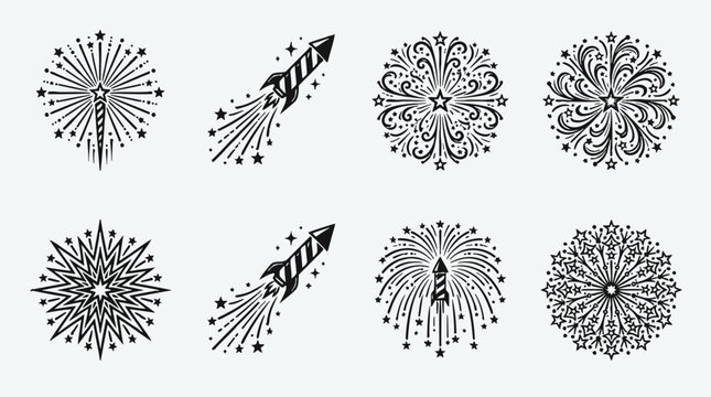 Vintage black and white firework burst vectors, decorative starburst and rocket explosion icons. Retro festive holiday fireworks set for posters, cards, banners